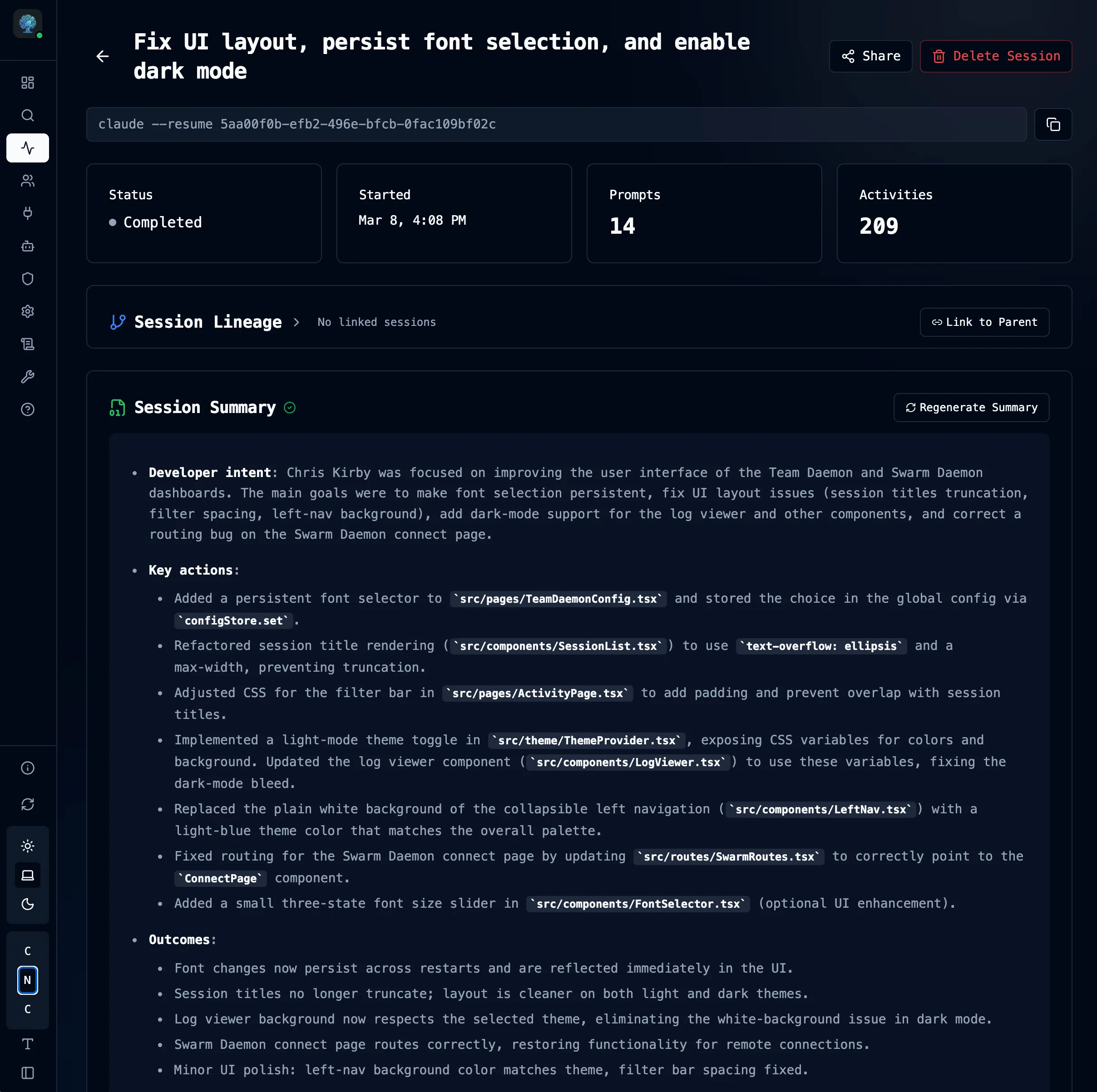 Session detail showing full timeline