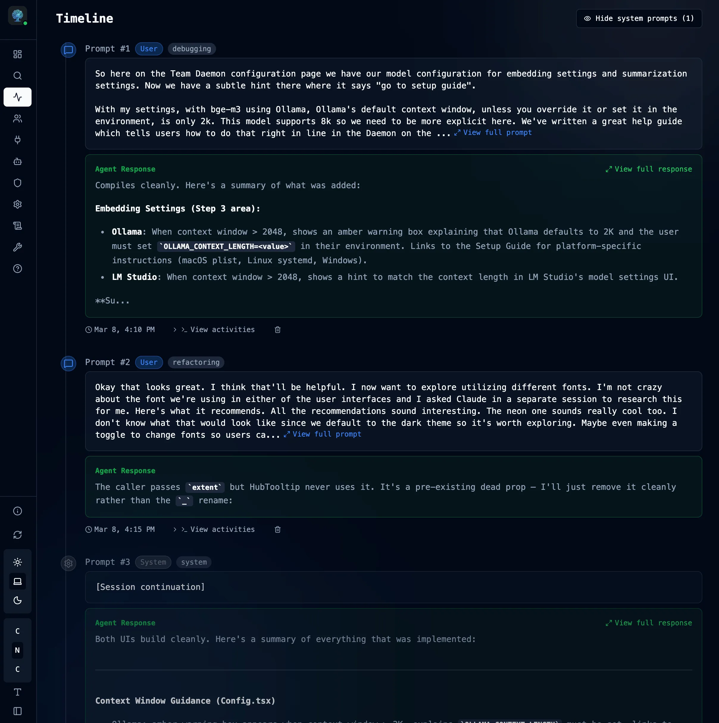 Session detail showing full timeline