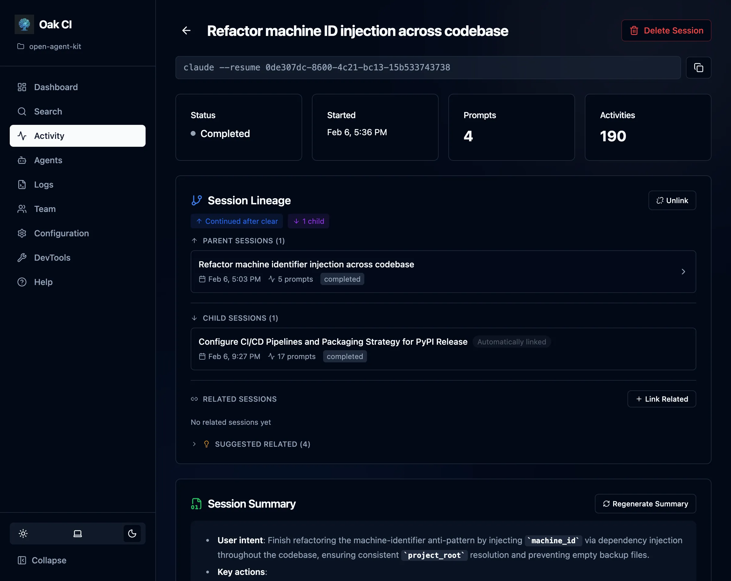 Session detail showing full timeline