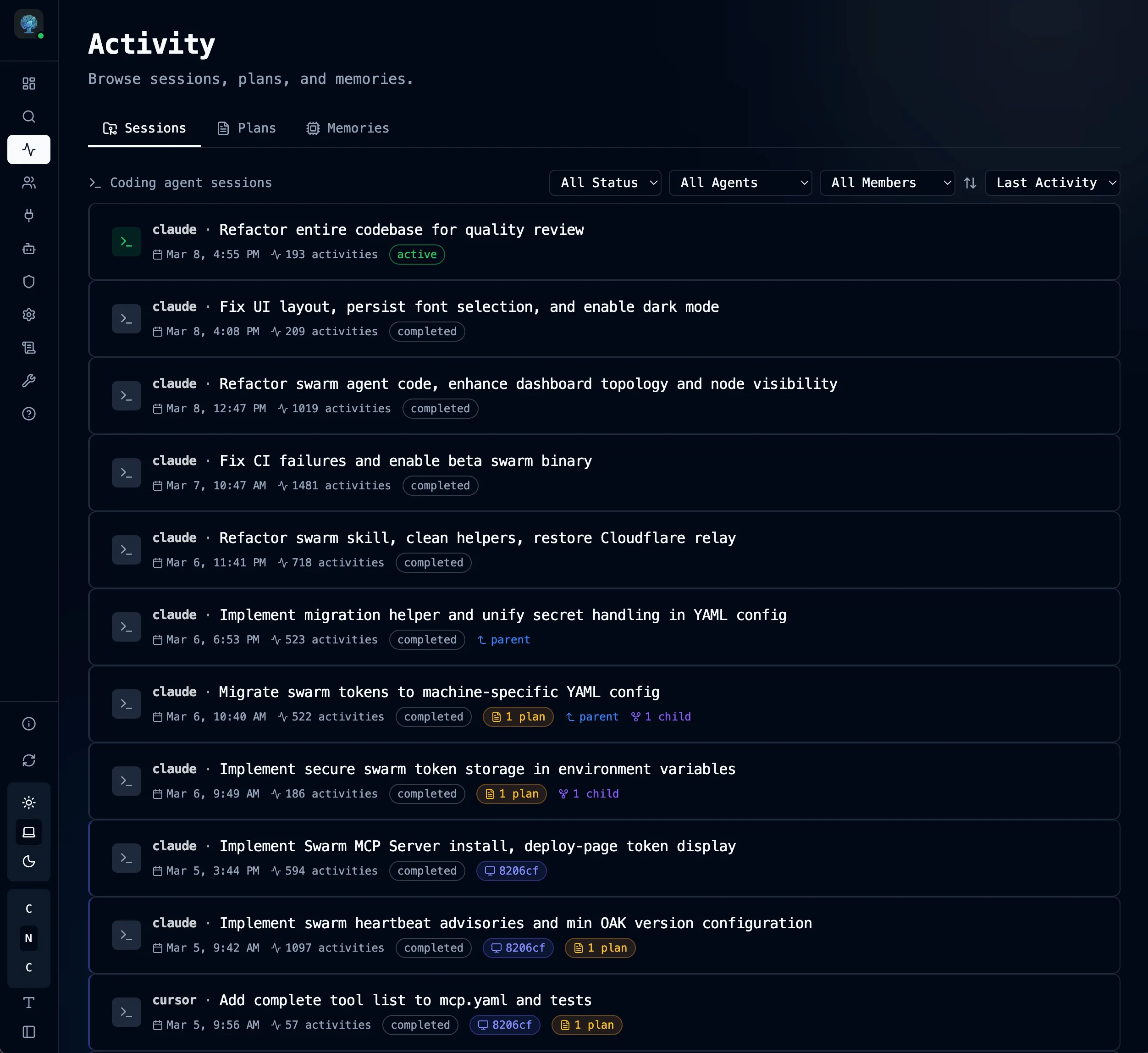 Sessions list with status badges and activity counts