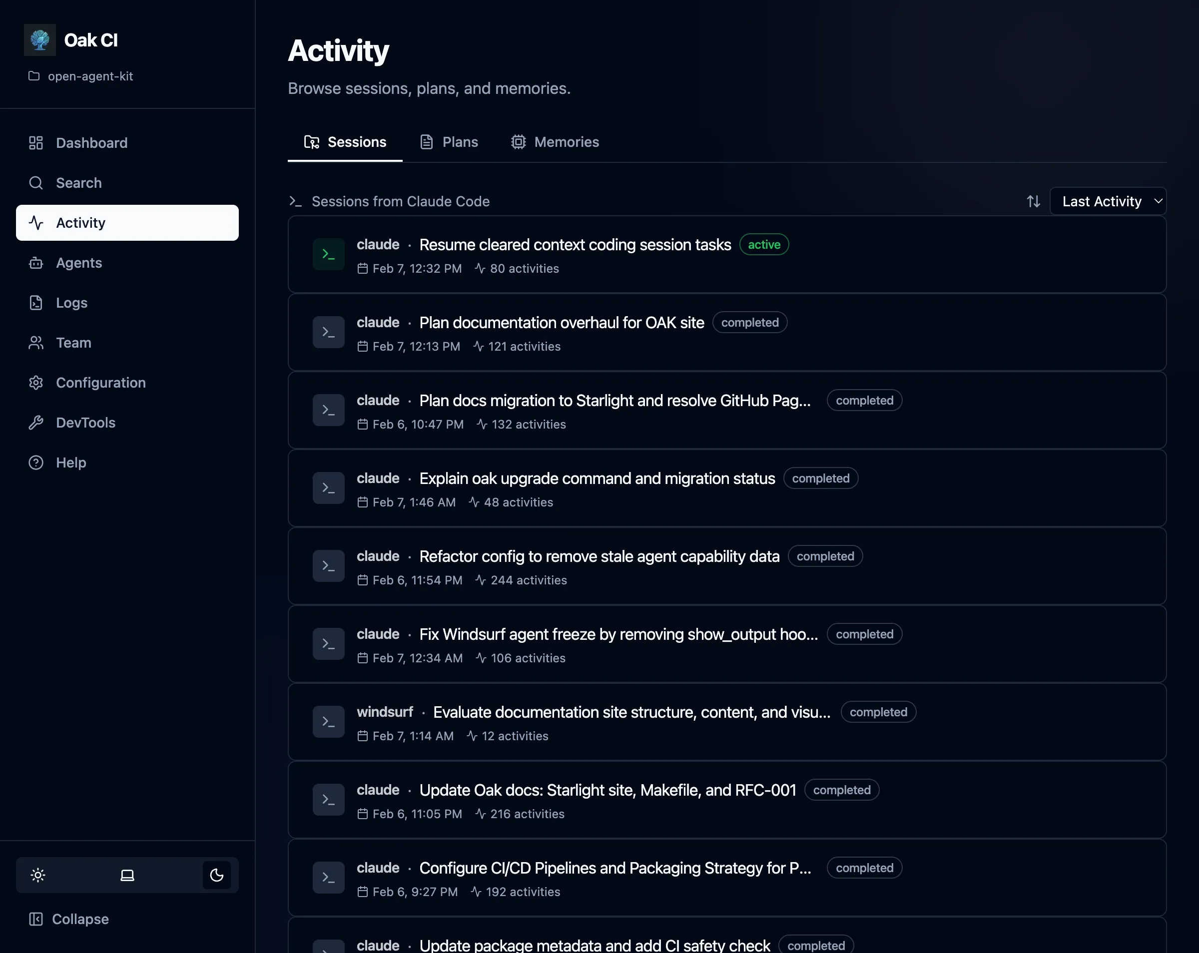 Sessions list with status badges and activity counts
