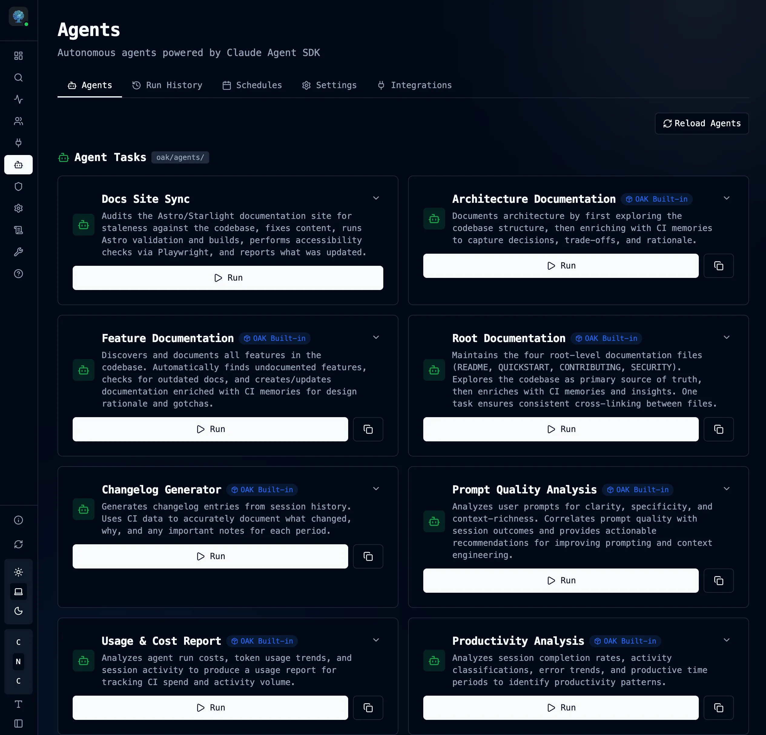 Agents page showing templates and task list