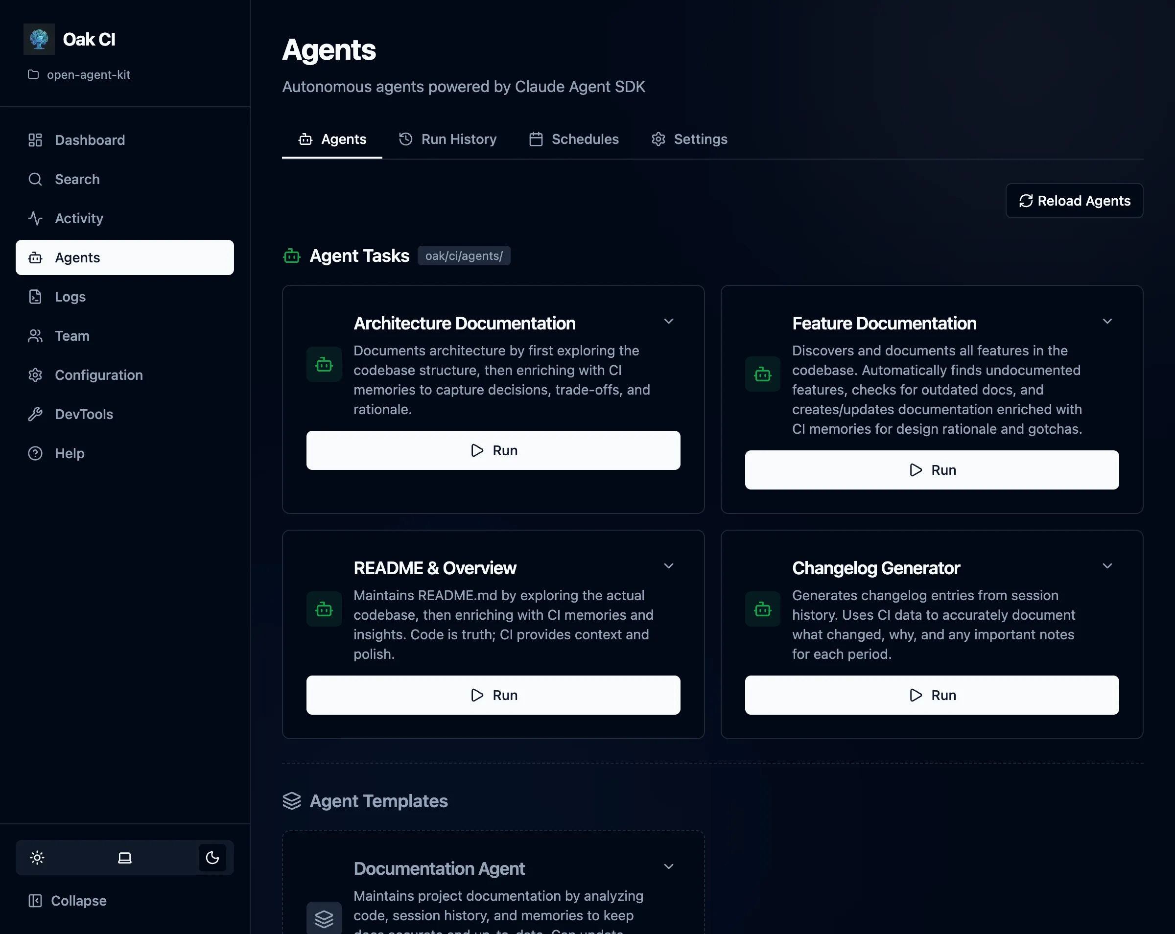 Agents page showing templates and task list