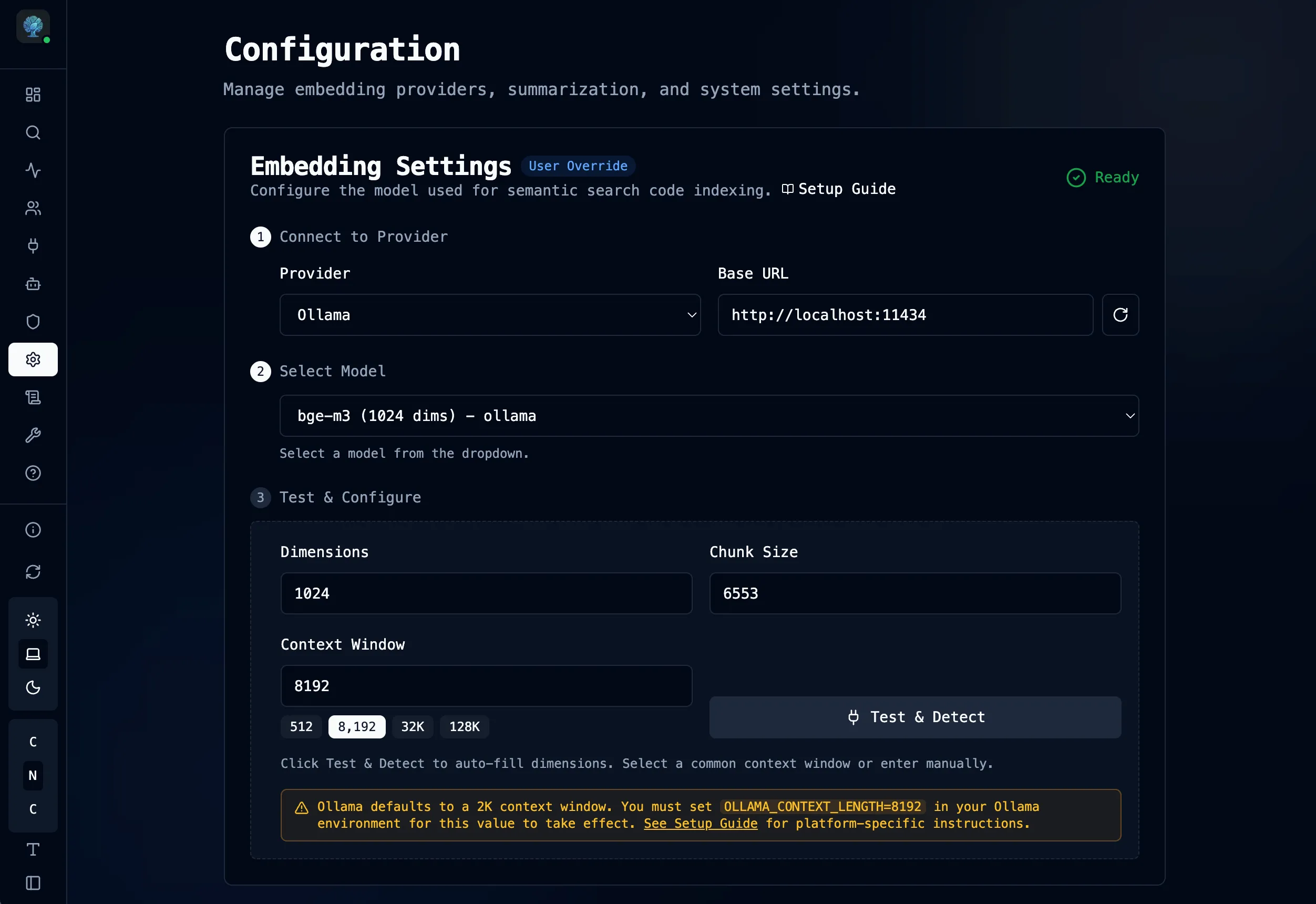 Configuration page showing model setup and settings