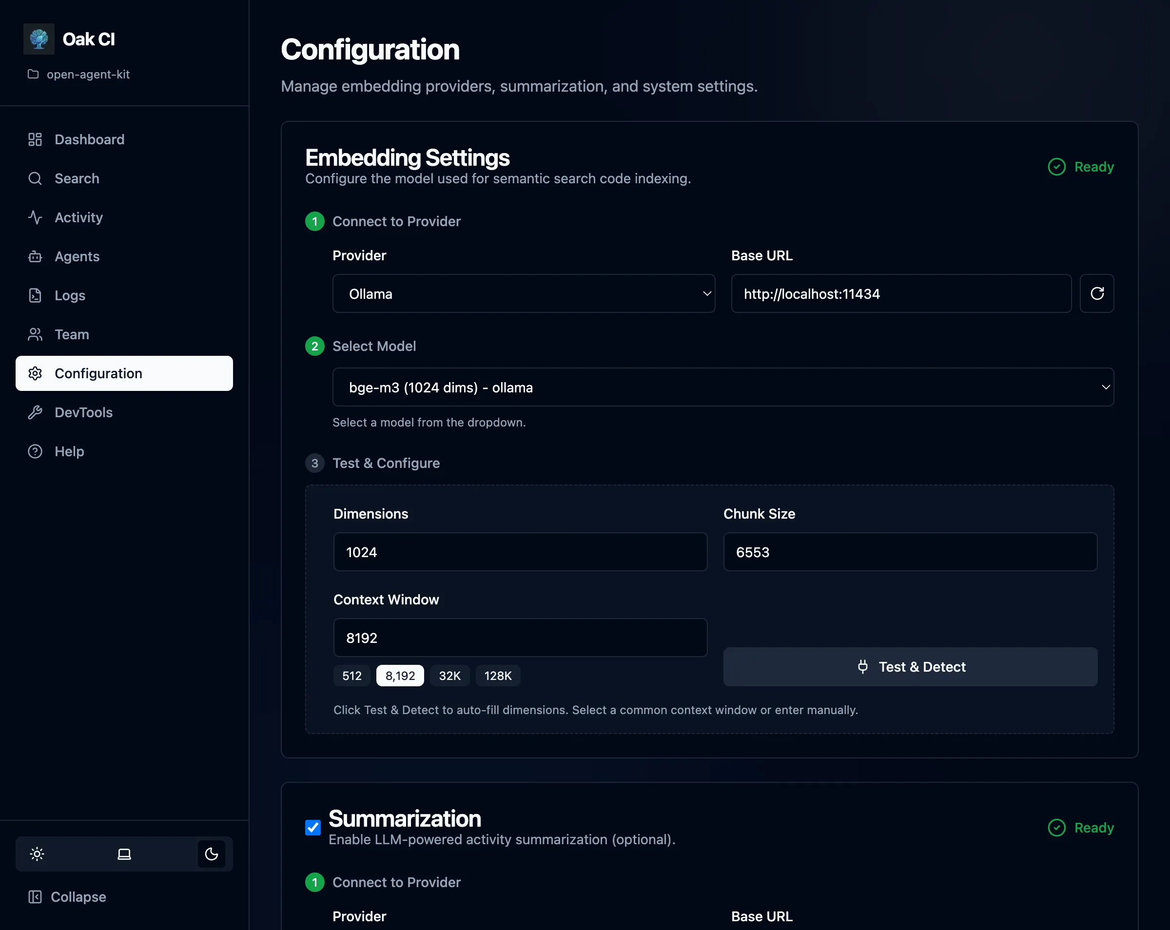 The Configuration page with embedding and summarization settings
