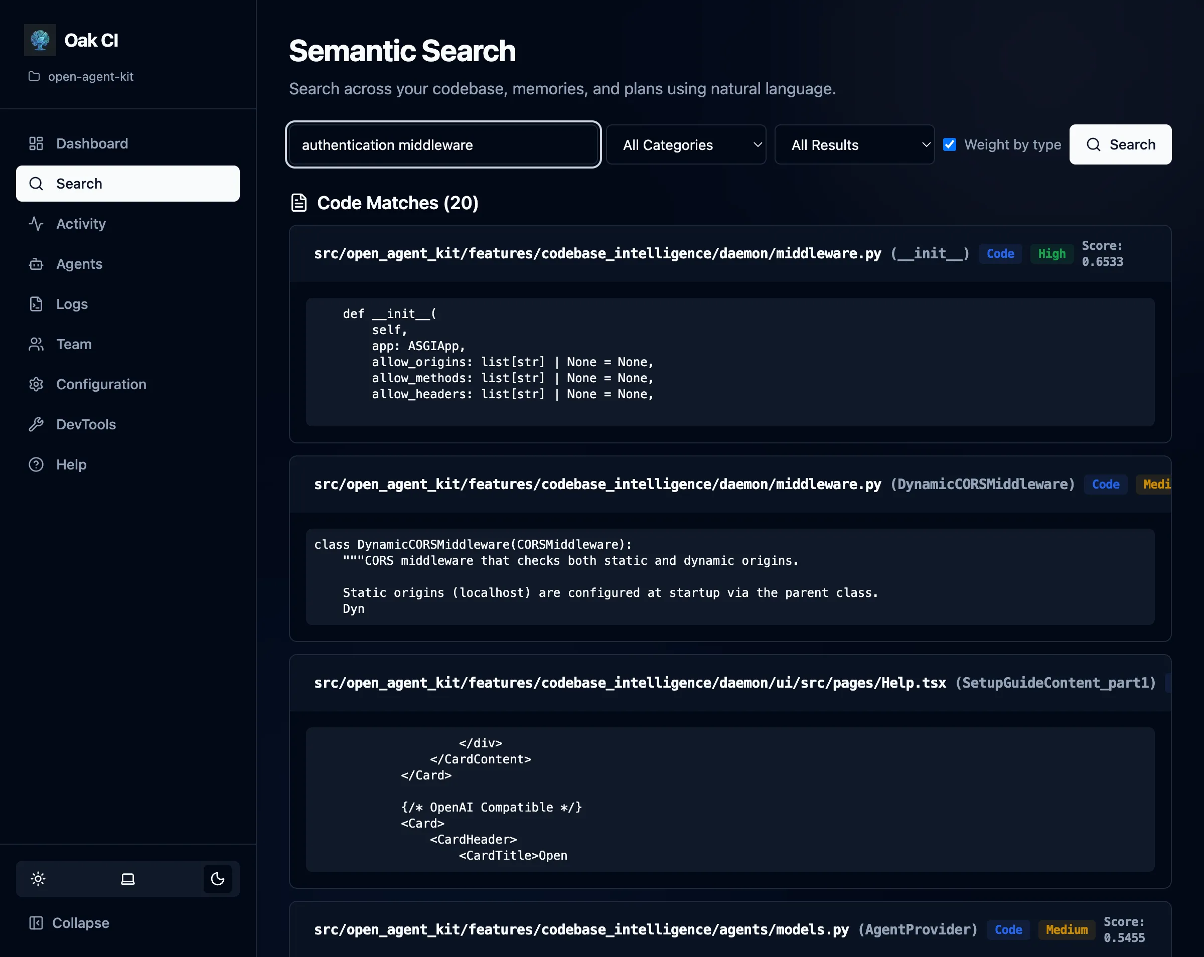 Semantic search results showing code, memories, and plans