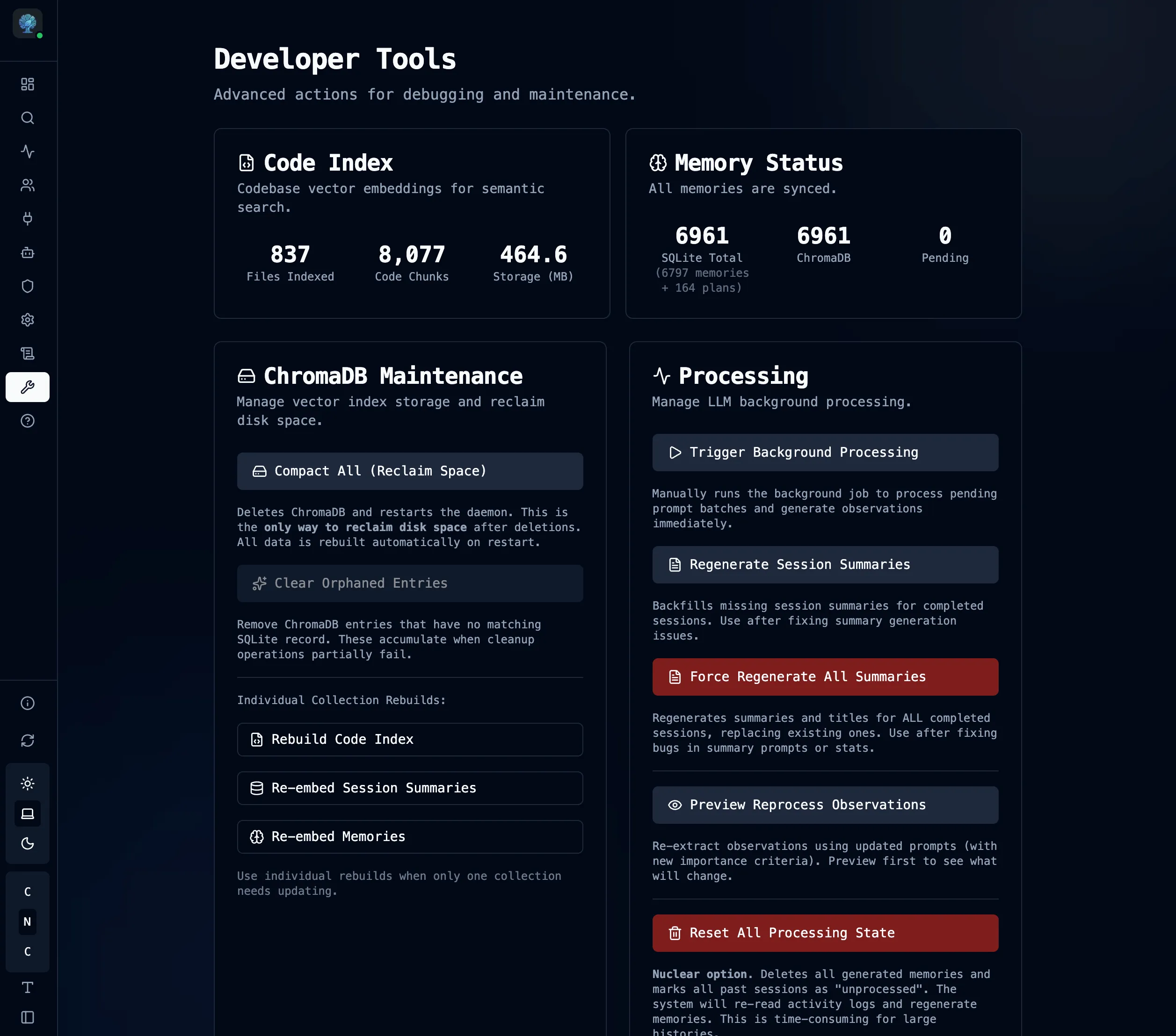 DevTools page showing stats and maintenance actions