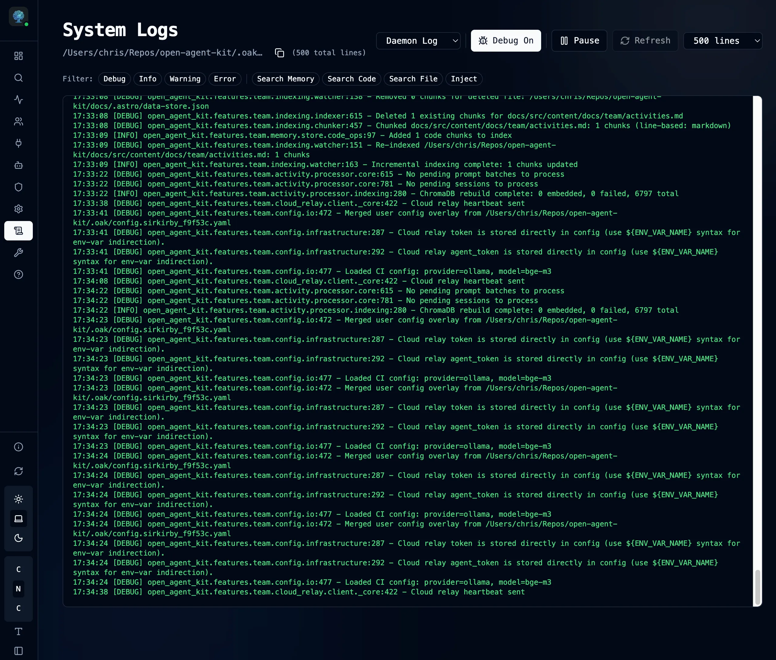 Logs page with daemon log and tag chip filters