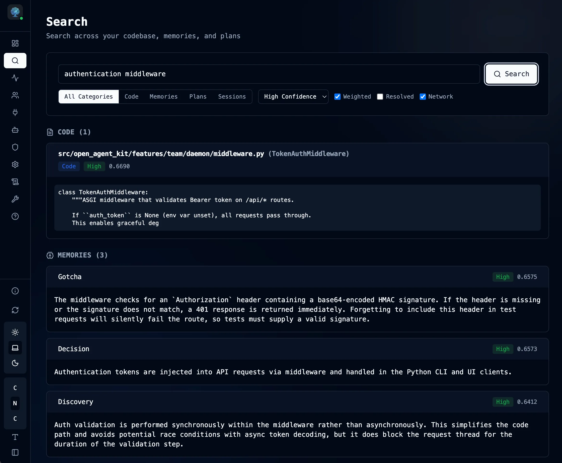 Semantic search results showing code, memories, and plans