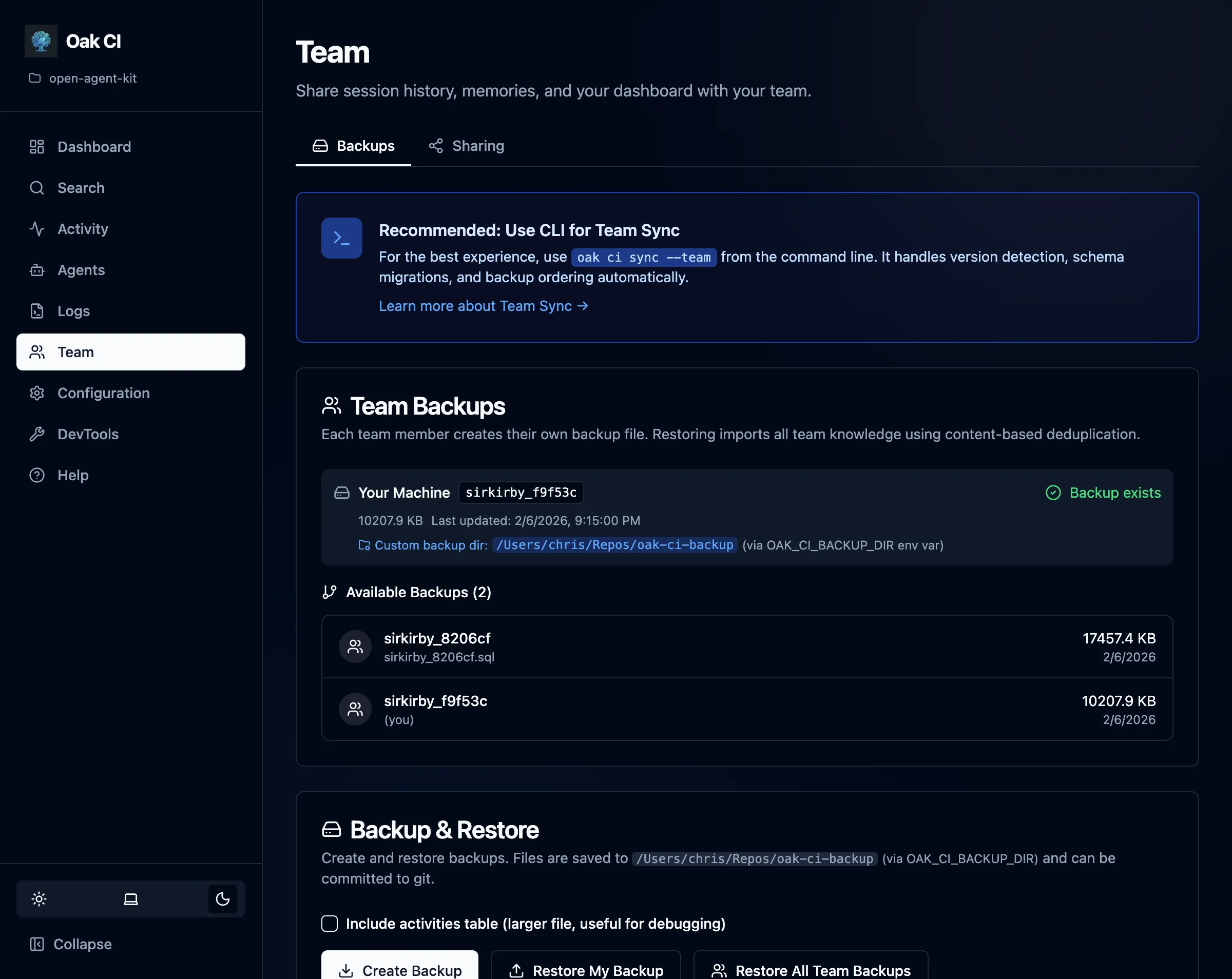 Team backup status and controls